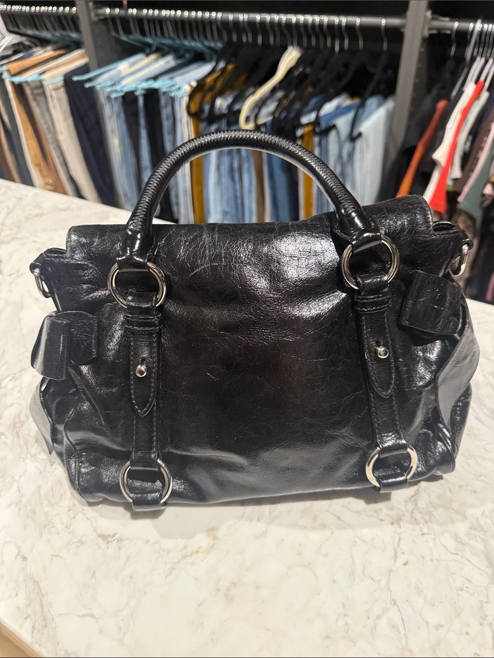Miu Miu Shiny Black Leather Satchel with Silver Hardware - Picture 3 of 8